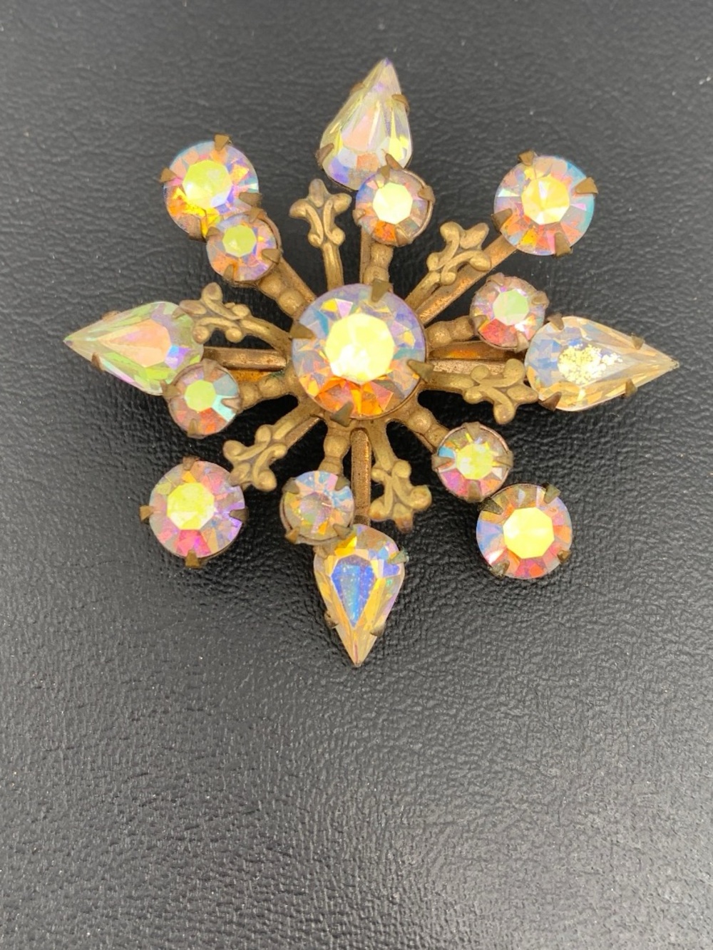 Vintage Aurora Borealis prong and rivet set Crystal Snowflake Brooch Gold Tone